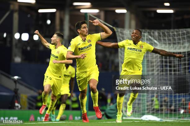 Gerard Moreno of Villarreal celebrates after scoring their team's first goal during the UEFA Super Cup 2021 match between Chelsea FC and Villarreal...