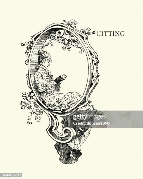 ornate capital letter q, initial,  woman sitting inside reading book, victorian style - letter q stock illustrations