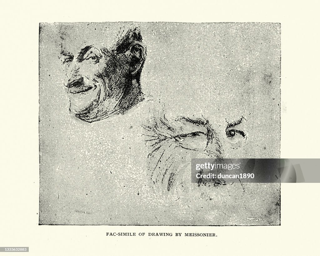 Sketch of faces by Ernest Meissonier, Expression, Winking, Victorian art