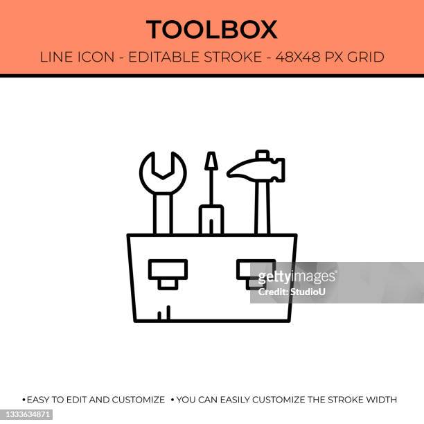 ilustraciones, imágenes clip art, dibujos animados e iconos de stock de diseño del icono de línea del cuadro de herramientas - caja de herramientas