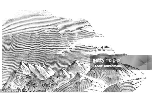 old engraved illustration of stone masonry on the summits of the andes - engraving stock-fotos und bilder