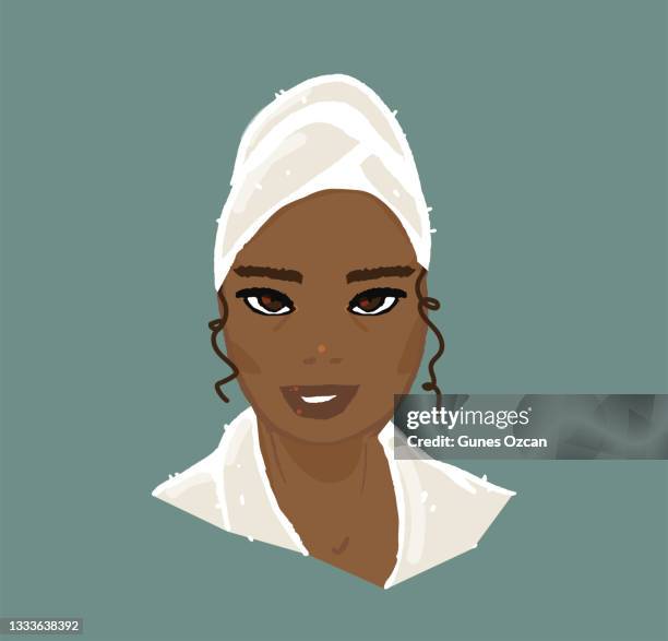 ilustrações de stock, clip art, desenhos animados e ícones de beautiful woman with dark skin portrait - daily beauty routine - turbante indiano