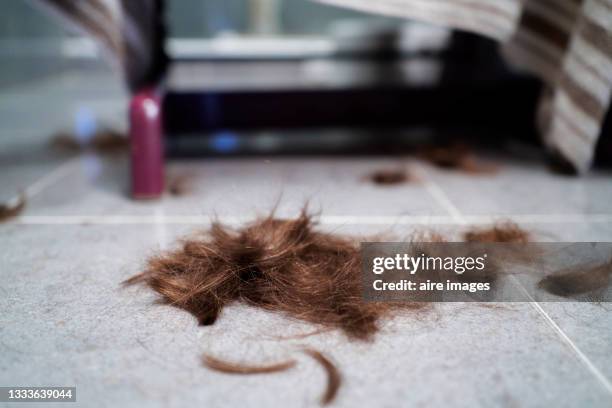 human dry natural hair remnants on flooring no face and human people hair cutting with scissors domestic bathroom - low section stock-fotos und bilder
