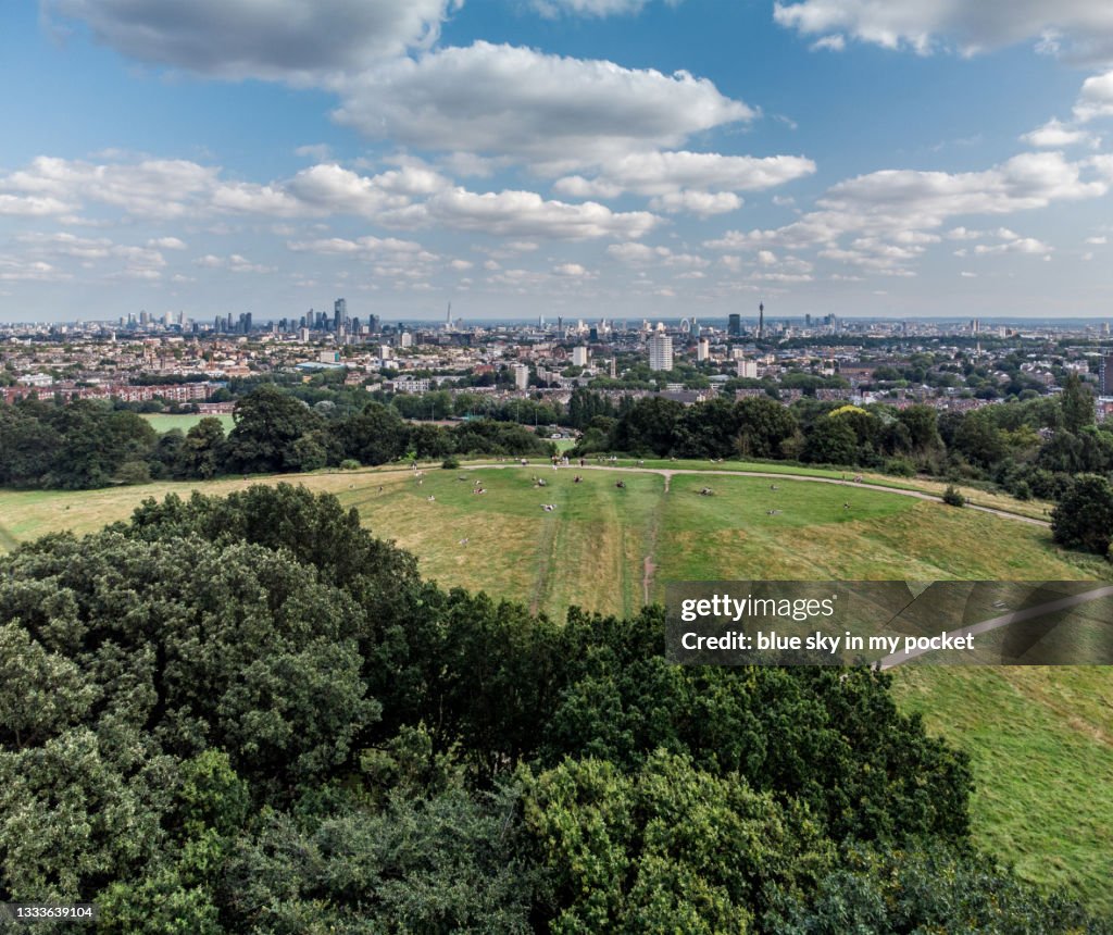 Parliament Hill, Hampstead, London, with the skyline in summer.