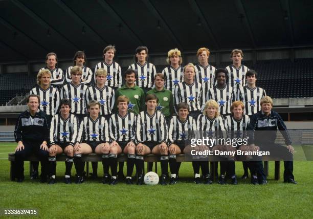 The Newcastle United squad line up ahead of the 1985/86 season at St James' Park in July 1985 in Newcastle upon Tyne, England, members of the squad...