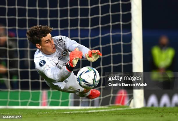 Kepa Arrizabalaga of Chelsea saves from Aissa Mandi of Villarreal in the shootout during the UEFA Super Cup 2021 match between Chelsea FC and...