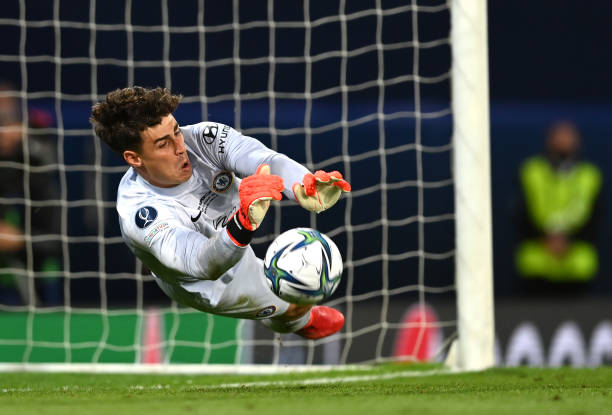 Kepa Arrizabalaga of Chelsea saves from Aissa Mandi of Villarreal in the shootout during the UEFA Super Cup 2021 match between Chelsea FC and...