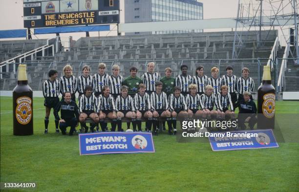 The Newcastle United squad line up ahead of the 1985/86 season at St James' Park in July 1985 in Newcastle upon Tyne, England, pictured with...