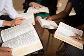 Bible Study.  Multi Ethnic Group.
Multi Ethnic Group of friends meet for a Bible Study.  Group includes a teenager, young adults, mid-adult and senior adult.