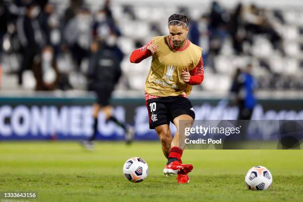 Diego of Flamengo warms up prior to a quarter final first leg match between Olimpia and Flamengo as part of Copa CONMEBOL Libertadores 2021 at...