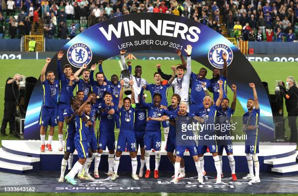 Cesar Azpilicueta of Chelsea lifts the UEFA Super Cup Trophy following victory in the UEFA Super Cup 2021 match between Chelsea FC and Villarreal CF...