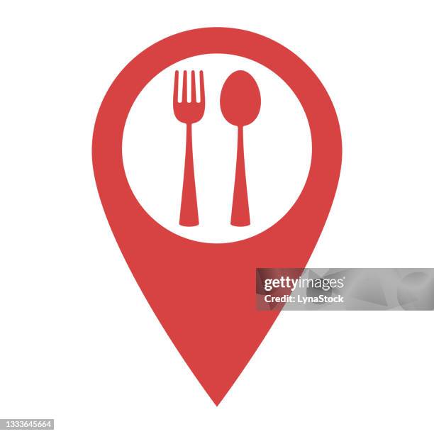 pinpoint with fork and spoon vector icon. map pointer symbol for website, gps navigator, apps, business card. location point of cafe or restaurant . geolocation mark on the map. map marker sign. - restaurant stock illustrations