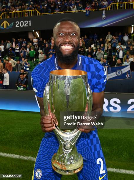 Antonio Ruediger of Chelsea celebrates with the UEFA Super Cup Trophy following victory in the UEFA Super Cup 2021 match between Chelsea FC and...