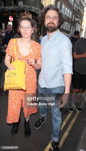 Jessie Cave and Alfie Brown seen attending the press night performance of "2:22 A Ghost Story" at the Noel Coward Theatre on August 11, 2021 in...