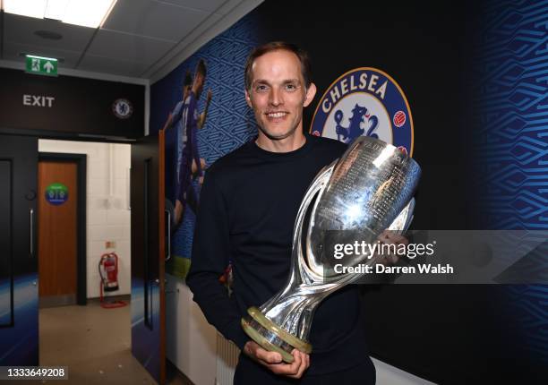 Thomas Tuchel, Manager of Chelsea poses for a photo with the UEFA Super Cup after the UEFA Super Cup 2021 match between Chelsea FC and Villarreal CF...