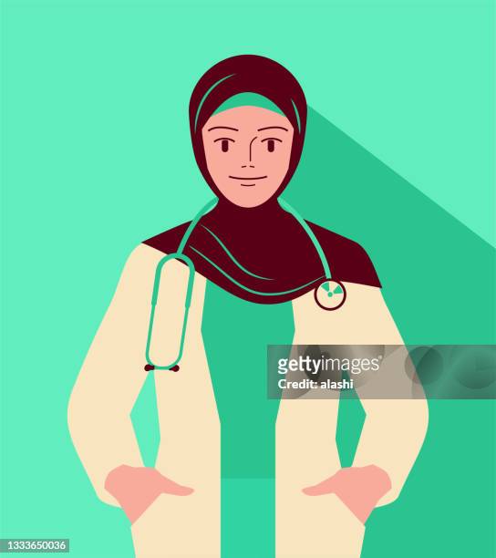 eine schöne und selbstbewusste junge muslimische ärztin mit händen in taschen. - frauenpower stock-grafiken, -clipart, -cartoons und -symbole