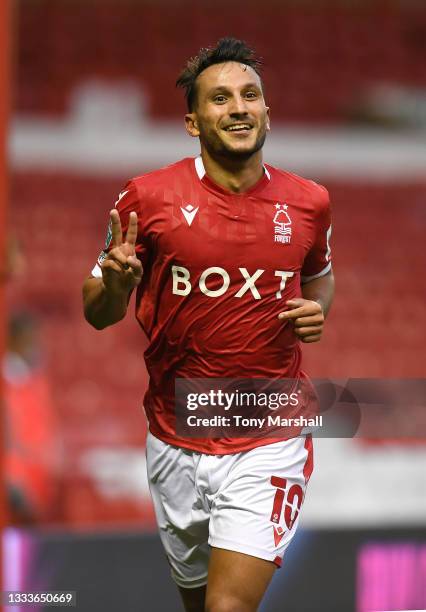 Joao Carvalho of Nottingham Forest celebrates scoring his second goal during the Carabao Cup First Round match between Nottingham Forest and Bradford...