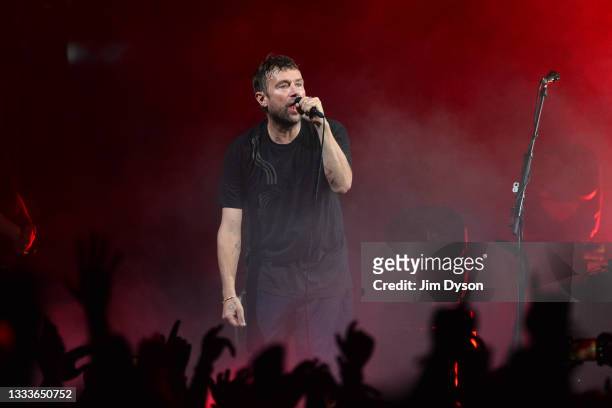 Damon Albarn of Gorillaz performs at The O2 Arena on August 11, 2021 in London, England.