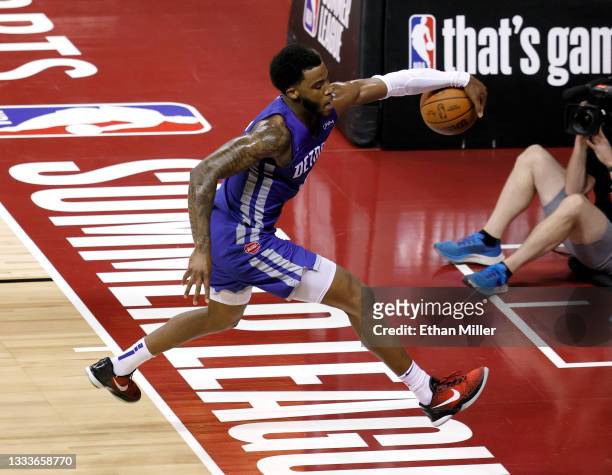 Saddiq Bey of the Detroit Pistons saves the ball from going out of bounds during a game against the Houston Rockets during the 2021 NBA Summer League...