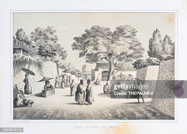 street in napha, lew chew (ryukyu), japan - lithograph 1856 - okinawa prefecture stock illustrations