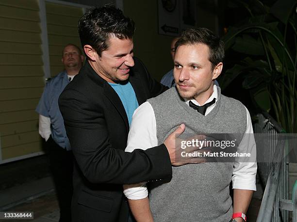 Singer Nick Lachey and TV Personality Drew Lachey arrive at the Super Skins Kickoff Party hosted by Nick Lachey and Jimmie Johnson at the Hula Bay...