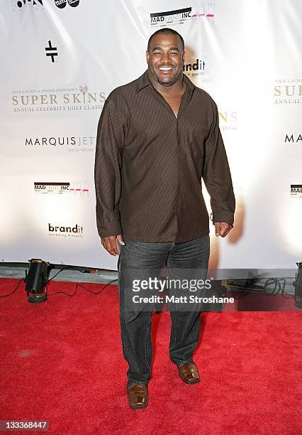Former NFL Player Reggie Johnson arrives at the Super Skins Kickoff Party hosted by Nick Lachey and Jimmie Johnson at the Hula Bay Club on January...