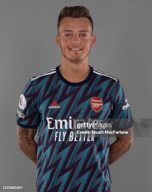 Ben White of Arsenal at London Colney on August 06, 2021 in St Albans, England.