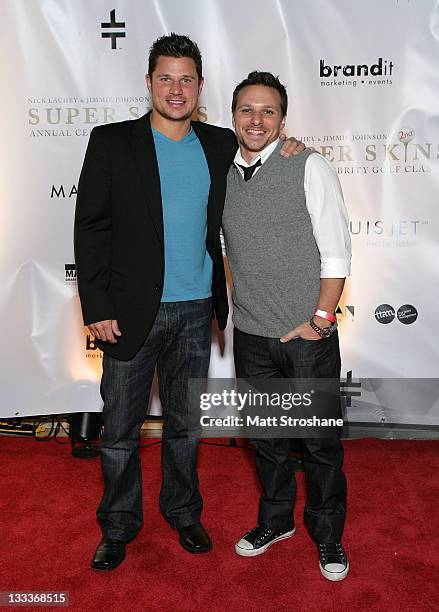 Singer Nick Lachey and TV Personality Drew Lachey arrive at the Super Skins Kickoff Party hosted by Nick Lachey and Jimmie Johnson at the Hula Bay...