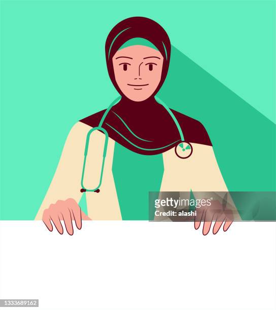 beautiful muslim female doctor showing a blank sign - arab woman standing stock illustrations