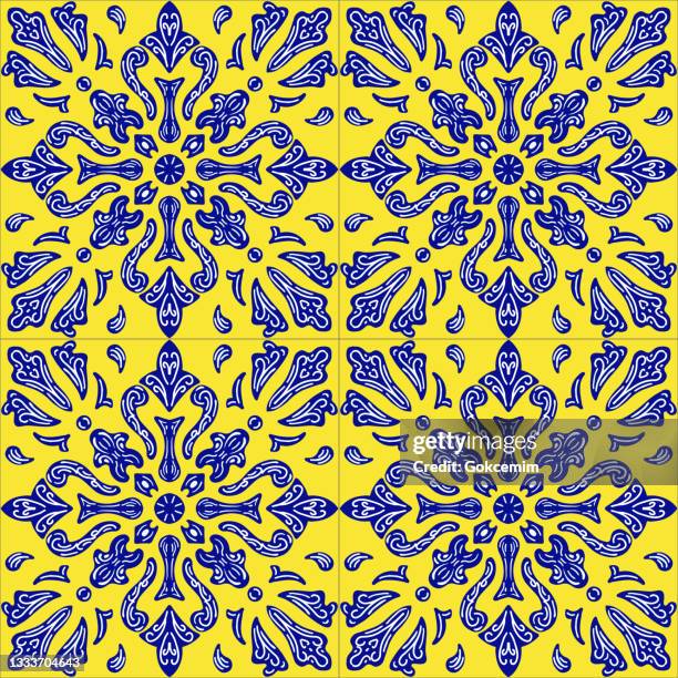 stockillustraties, clipart, cartoons en iconen met portuguese azulejo tiles. watercolor hand painted navy blue and yellow tile. seamless moroccan ceramic pattern. vector tile pattern, lisbon arabic floral mosaic, mediterranean seamless navy blue ornament. - navy watercolor swatch