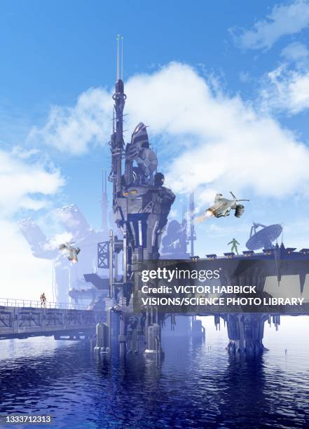 sea port for space missions, conceptual illustration - rocket launch pad stock illustrations