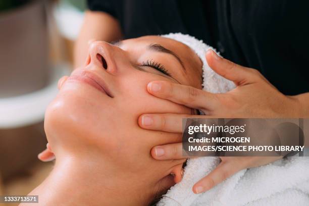 ayurveda therapist massaging female client face - máscara facial fotografías e imágenes de stock