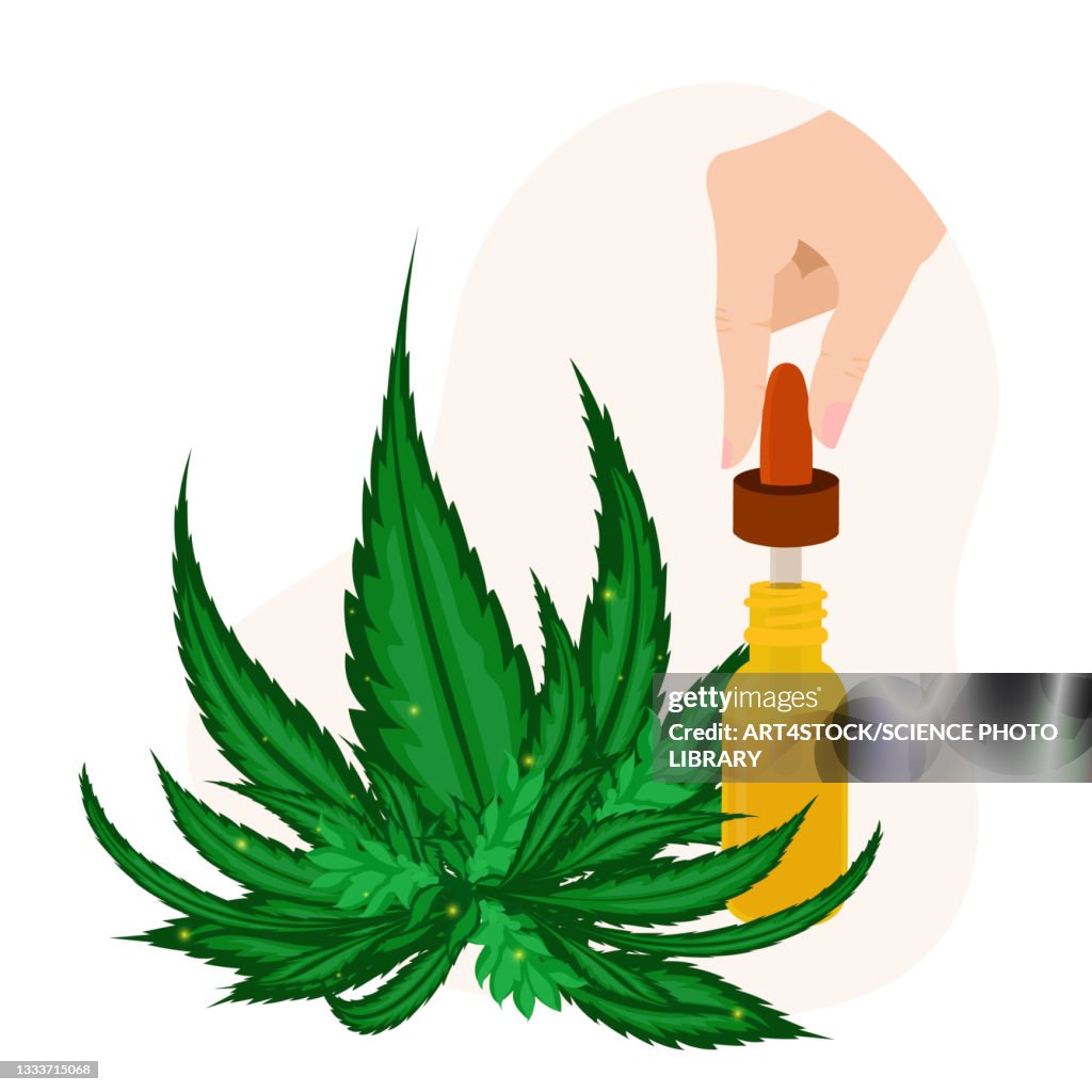 CBD oil and cannabis leaves, conceptual illustration