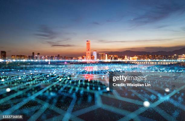 composite image of city night scene and big data concept - big data city 個照片及圖片檔