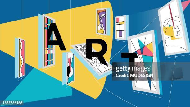 ilustraciones, imágenes clip art, dibujos animados e iconos de stock de concepto de evento de galería de arte abierta - cubismo