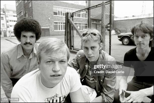 Jazz funk group Level 42 in London 31 July 1981. L-R Mike Lindup, Mark King, Phil Gould, Rowland 'Boon' Gould.