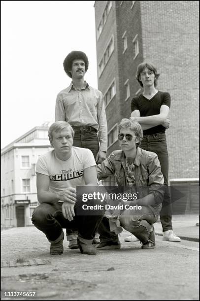 Jazz funk group Level 42 in London 31 July 1981. Clockwise from bottom left Mark King, Mike Lindup, Rowland 'Boon' Gould, Phil Gould.