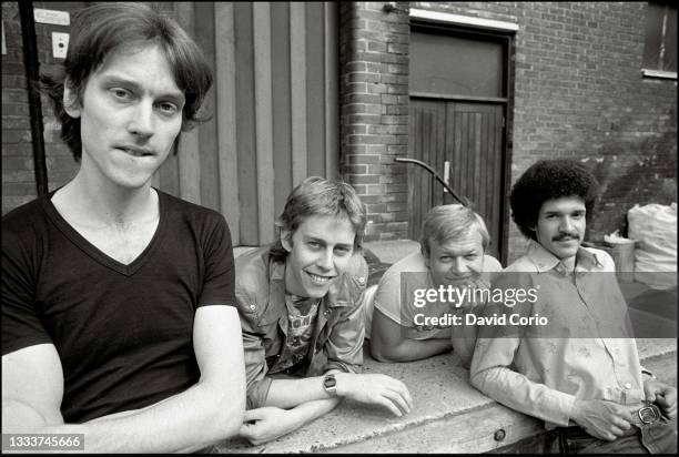 Jazz funk group Level 42 in London 31 July 1981. L-R Rowland 'Boon' Gould, Phil Gould, Mark King, Mike Lindup.