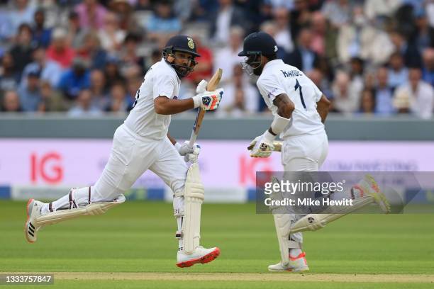 Rohit Sharma and KL Rahul of India run a single during the Second LV= Insurance Test Match: Day One between England and India at Lord's Cricket...