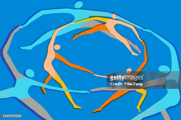 vector illustration of people dancing in circle on colored background - man vector stock pictures, royalty-free photos & images
