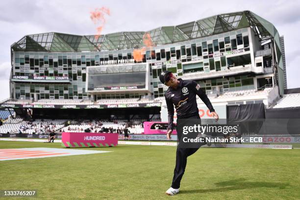 Alex Hartley of Manchester Originals makes her way out onto the field during The Hundred match between Northern Superchargers Women and Manchester...