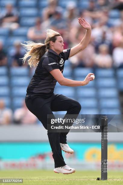 Natalie Brown of Manchester Originals bowls during The Hundred match between Northern Superchargers Women and Manchester Originals Women at Emerald...