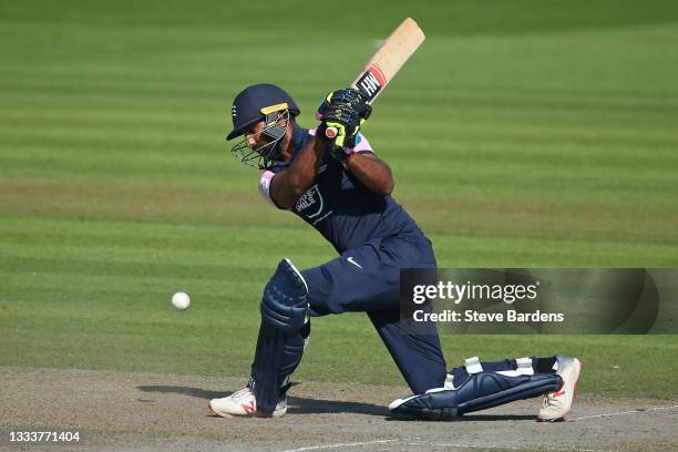 Varun Chopra of Middlesex plays a shot during the Royal London Cup match between Sussex Sharks and Middlesex at The 1st Central County Ground on...