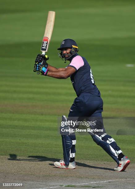 Varun Chopra of Middlesex plays a shot during the Royal London Cup match between Sussex Sharks and Middlesex at The 1st Central County Ground on...