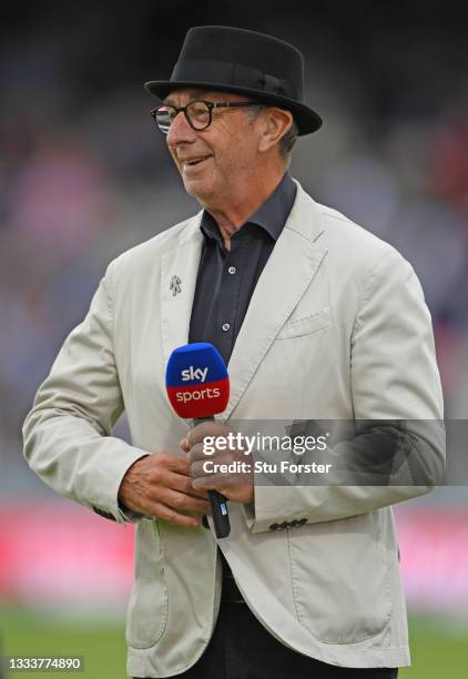 Sky Sports commentator David 'Bumble' Lloyd wearing a black hat during day one of the Second Test Match between England and India at Lord's Cricket...