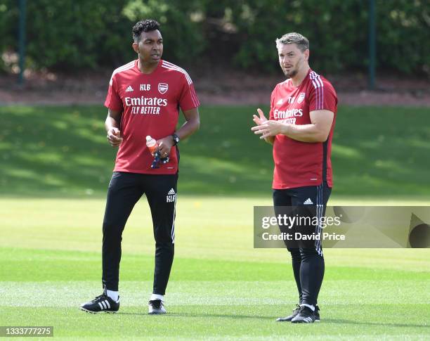 Kevin Betsy Arsenal U23 Head Coach with Academy Goalkeeping Coach Terry Mason during the Arsenal U23 training session at London Colney on August 12,...