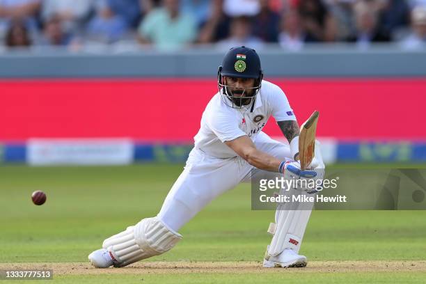 Virat Kohli of India hits out during the Second LV= Insurance Test Match: Day One between England and India at Lord's Cricket Ground on August 12,...