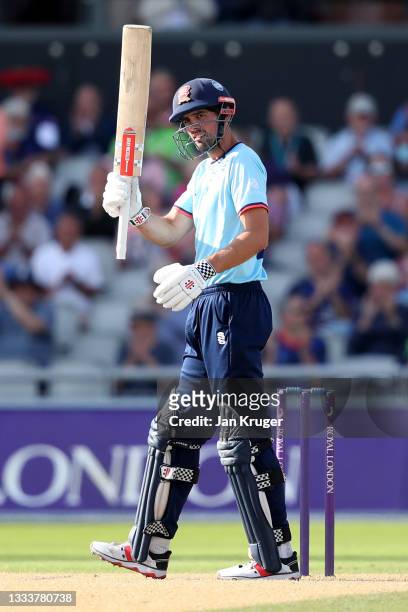 Sir Alastair Cook of Essex Eagles celebrates a century during the Royal London Cup match between Lancashire and Essex at Emirates Old Trafford on...