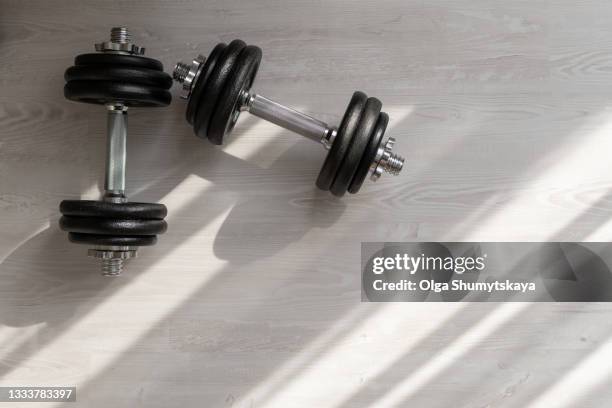 two set dumbbells lie on the floor top view, copy space - schwer stock-fotos und bilder