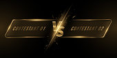 Versus screen with frame. Golden letters VS with fire flash for sport games, tournament, cybersport, martial arts, fight battles. Game concept. Vector illustration